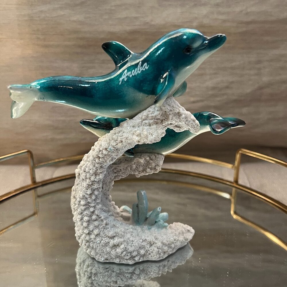 Sparkly blue dolphins statue decor - New in box